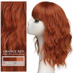 Nnzes Short Orange red Wavy Wig with Bangs for Women Shoulder Length Bob Curly Women's Charming Synthetic Wigs with Natural Wavy Wig Heat Resistant Hair for Daily Party Use