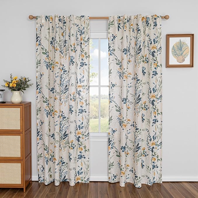 MYSKY HOME Floral Linen Curtains 84 Inch Long Set of 2 - Image 2