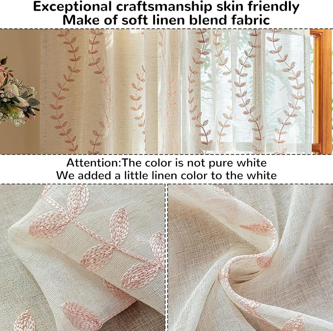 2 Panels Linen Leaf String Floral Embroidered Semi Sheer Curtain Farmhouse - Image 4