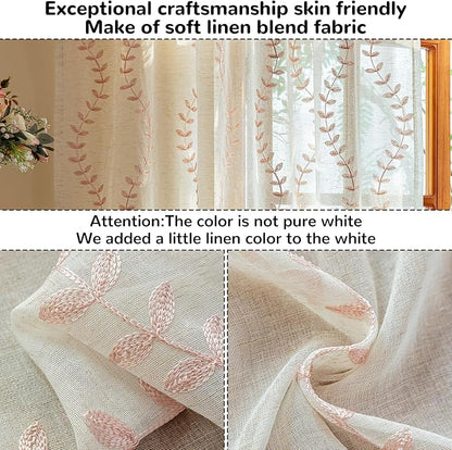 2 Panels Linen Leaf String Floral Embroidered Semi Sheer Curtain Farmhouse - Image 4