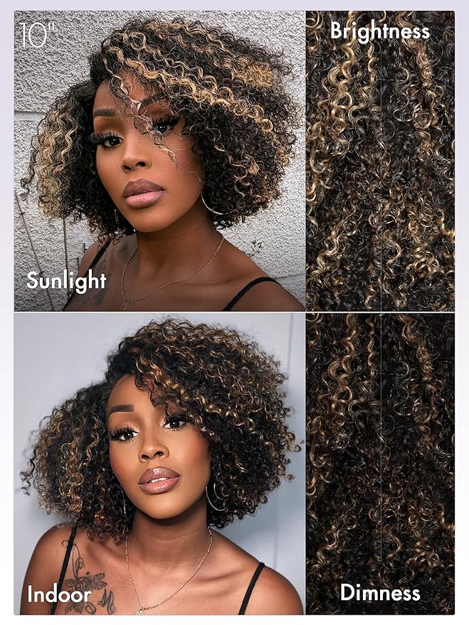LUVME HAIR 10 Inch Blonde Highlight Short Curly Human Hair Wig Glueless Pre Plucked Left C Parted Ombre Bob Wig, Ready to Go Pre Cut HD Lace Closure Wig