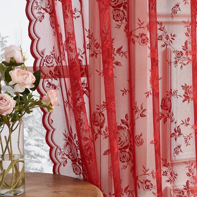 Red Lace Curtains 63 Inch Length 2 Panels Set by SEEKRIGHTHomeDecor