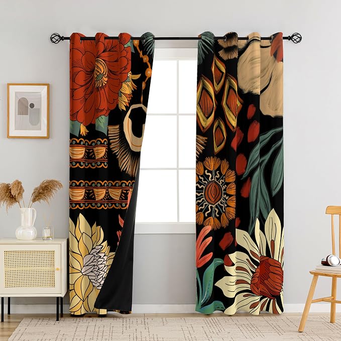 Tyrot 100% Blackout Black Boho Floral Curtains - Image 2