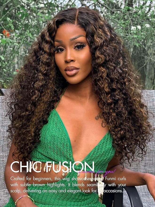 LUVME HAIR 22 Inch Highlight Brown Curly Lace Front Wig Human Hair Pre Cut Lace Glueless 5X5 Closure Wig Pre Plucked For Women 180 Density