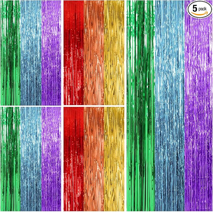 5 Pack Rainbow Party Backdrop Streamers Decorations Colorful Foil Fringe by KEJ