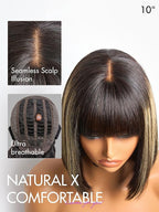 LUVME HAIR 10 Inch Blonde Highlight Bob Human Hair Wig with Bangs Glueless HD Lace Bang Wig True Scalp Ready to Go Silky Straight Highlight Human Hair Short Wig with Bangs (Breathable Cap)