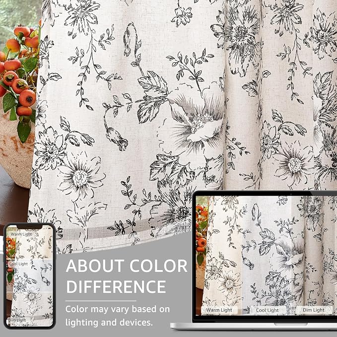 jinchan Black Floral Linen Curtains 102 Inch Farmhouse Back Tab 2 Panels | - Image 4