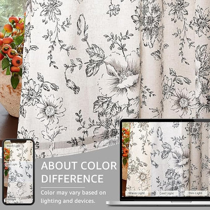 jinchan Black Floral Linen Curtains 102 Inch Farmhouse Back Tab 2 Panels | - Image 4