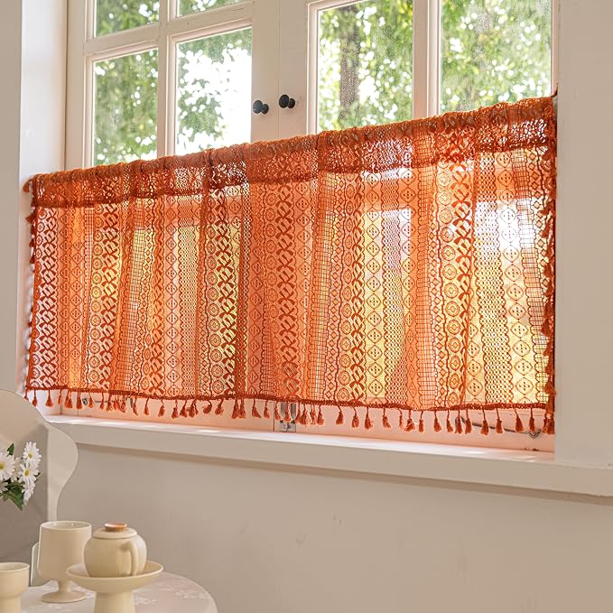 Sutuo Home Terracotta Boho Valance Short Curtains Crochet Lace Sheer Bohemian - Image 2