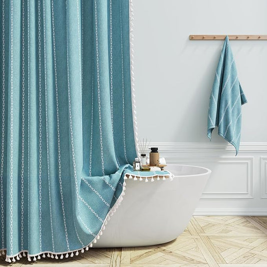 72x96 Extra Long Boho Linen Heavy Duty Cloth Shower Curtain Set, Teal | Extra by ShowerCurtain