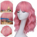 Nnzes Short Wavy Bob Wig with Bangs for Women Shoulder Length Curly Pink Synthetic Heat-Resistant Fiber Hair for Daily & Party Use
