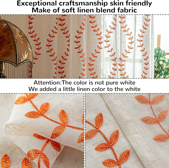 2 Panels Linen Leaf String Floral Embroidered Semi Sheer Curtain Farmhouse - Image 4