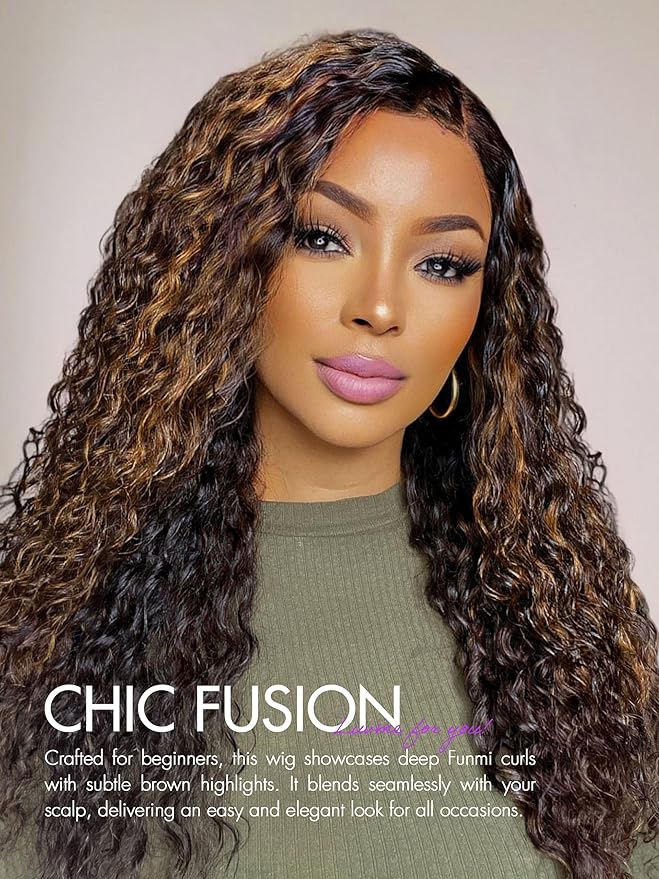 LUVME HAIR 20 Inch Highlight Brown Curly Lace Front Wig Human Hair Pre Cut Lace Glueless 5X5 Closure Wig Pre Plucked For Women 180 Density