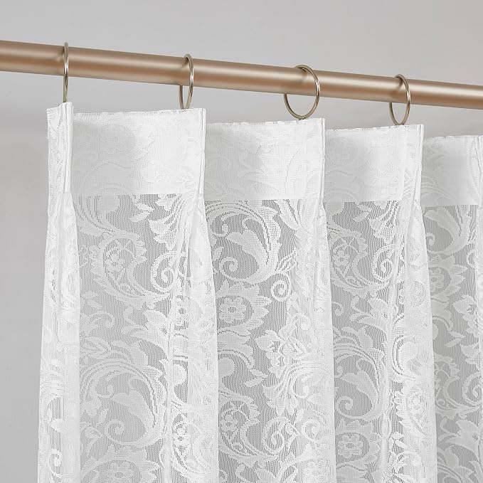 Bujasso White Lace Pinch Pleat Curtains 102 inch, Vintage Floral Sheer Drapes - Image 9