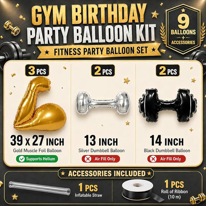 7Pcs Gym Birthday Party Decorations/Gold Bicep Muscle Balloon + Mini Dumbbell - Image 2