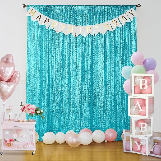 Sugargirl Turquoise Sequin Backdrop Curtain 8FTx8FT Glitter Turquoise - Image 7