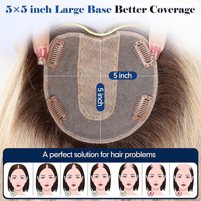 HAIRCUBE Hair Toppers For Women With Thinning 5"*5" Large Base Real Hair Toppers For Women, 14 Inch For Hand-Woven, 60g, Silk, Natural, realistic, Use Daily, Hairloss, Blonde Mixed Brown, with bangs