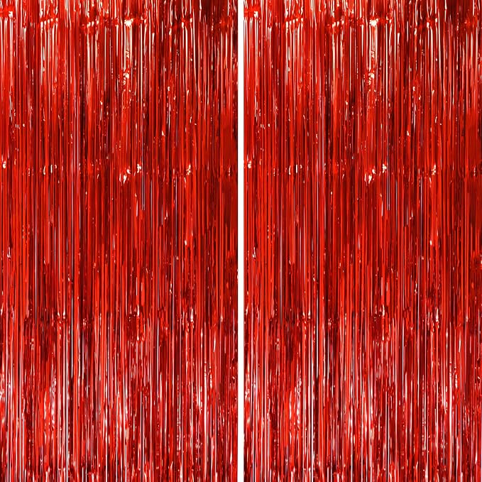Voircoloria Red Foil Fringe Backdrop Curtains, 2 Pack | Tinsel Streamers by Voircoloria