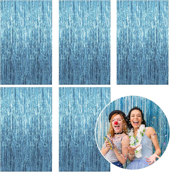 5 Pack Foil Curtain Backdrop Blue Metallic Tinsel Foil Fringe Curtains Photo by KEJ