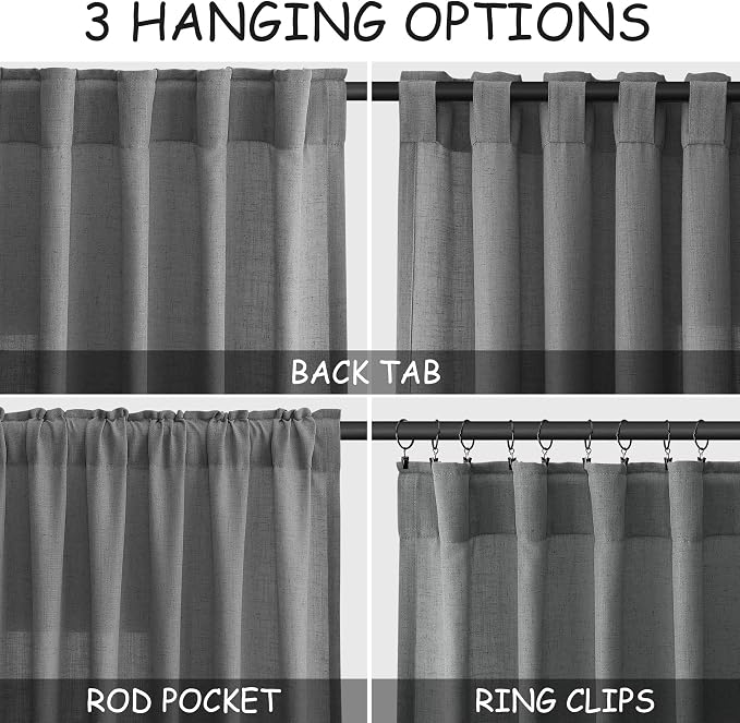 Dark Grey Linen Extra Long Curtain 108 Inches Long 2 Panels Set Back Tab Drapes - Image 2