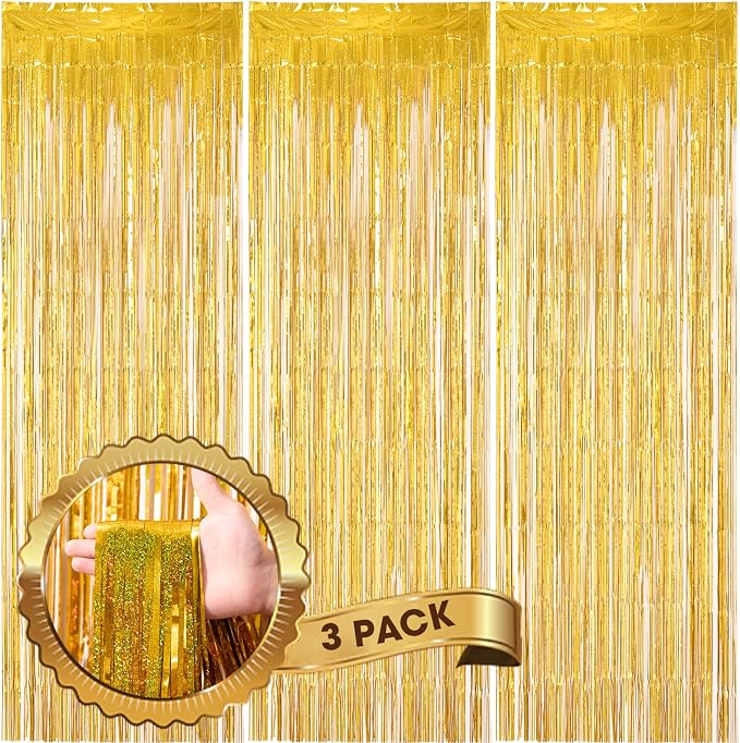 Voircoloria Laser Gold Foil Fringe Backdrop Curtains, 3 Pack | Tinsel Streamers by Voircoloria