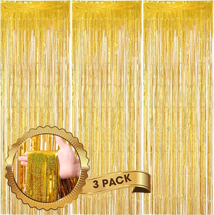 Voircoloria Laser Gold Foil Fringe Backdrop Curtains, 3 Pack | Tinsel Streamers by Voircoloria