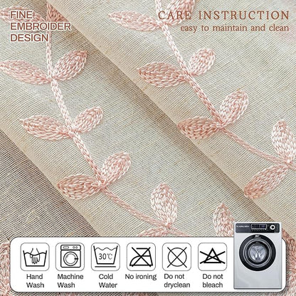 2 Panels Linen Leaf String Floral Embroidered Semi Sheer Curtain Farmhouse - Image 6