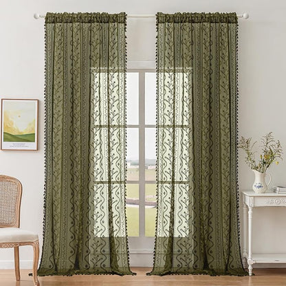 WAZZIO Boho Lace Curtains 2 Panels 84 Inch -Victorian Sheer Panel Drape French - Image 2