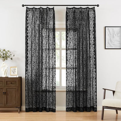 Bujasso Black Lace Pinch Pleat Curtains 102 inch, Gothic Vintage Floral Sheer by Bujasso