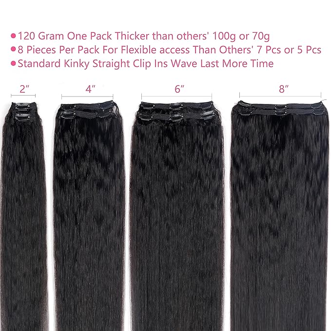 Clip in Hair Extensions Real Human Hair Clip Ins 100% Unprocessed Brazilian Virgin Hair Clip Ins Seamless Kinky Straight Hair Clip in Hair Extensions 8pcs with 18 Clips 120g(22inch)