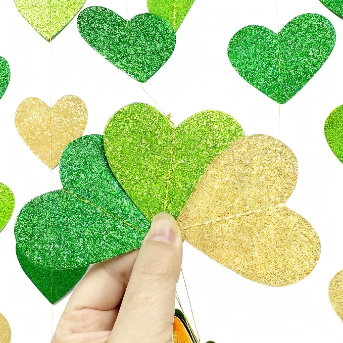 Gold and Green Heart Party Decorations Glitter Paper Love Heart Hanging Banner - Image 4