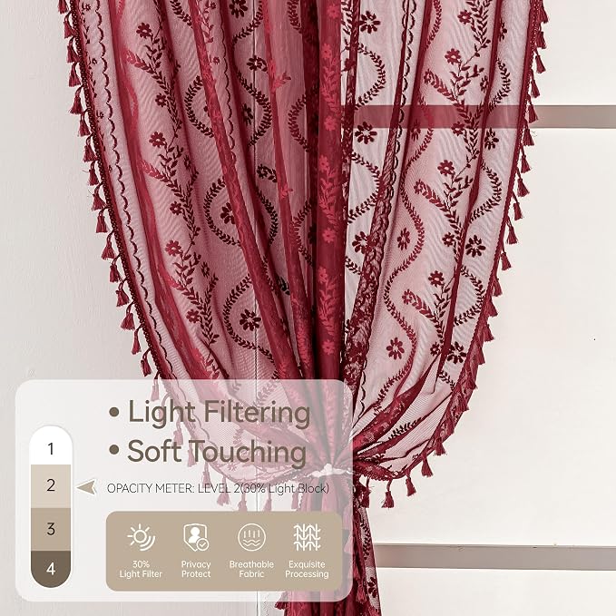 WAZZIO Boho Lace Curtains 2 Panels 63 Inch -Victorian Sheer Panel Drape French - Image 4