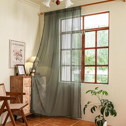Sutuo Home Olive Green Boho Curtains 63 inches Long by SutuoHome