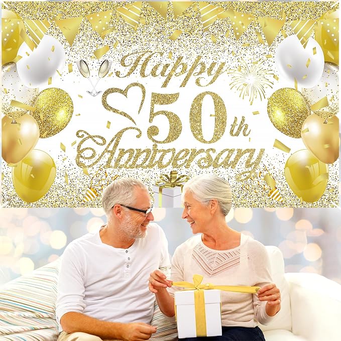 50th Wedding Anniversary Decorations Banner White Gold Happy 50th Anniversary - Image 5