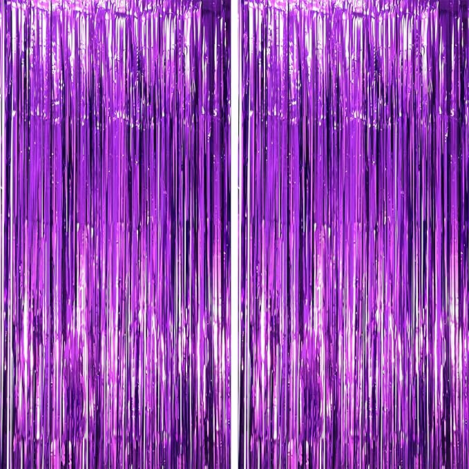 Voircoloria Purple Foil Fringe Backdrop Curtains, 2 Pack | Tinsel Streamers by Voircoloria