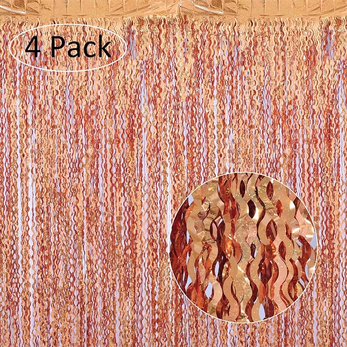 4 Pack 3.3x6.6ft Wavy Orange Foil Fringe Backdrop Curtains -Tinsel Streamers - Image 2