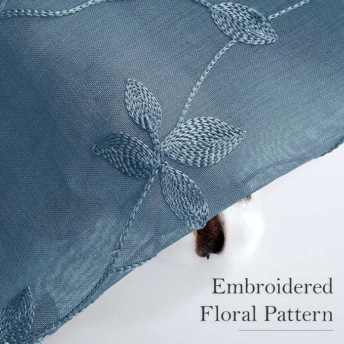 HOMEIDEAS Cyan Blue Sheer Curtains 2 Panels, Embroidered Vine Leaf, W52xL84 | - Image 2