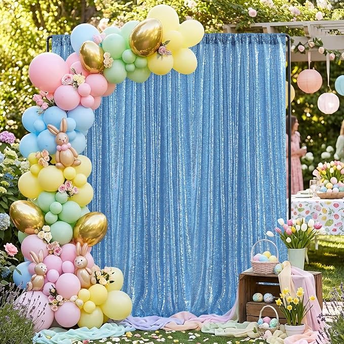 Light Blue Sequin Backdrop Curtains, 2 Panels 2FTx8FT Glitter Curtain Backdrop - Image 2