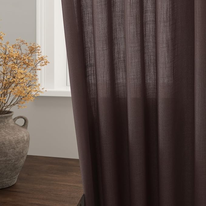 Coffee Linen Textured 96 Inch Curtains 2 Panel Set Back Tab Rod Pocket Sheer - Image 2