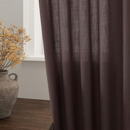 Coffee Linen Textured 96 Inch Curtains 2 Panel Set Back Tab Rod Pocket Sheer - Image 2
