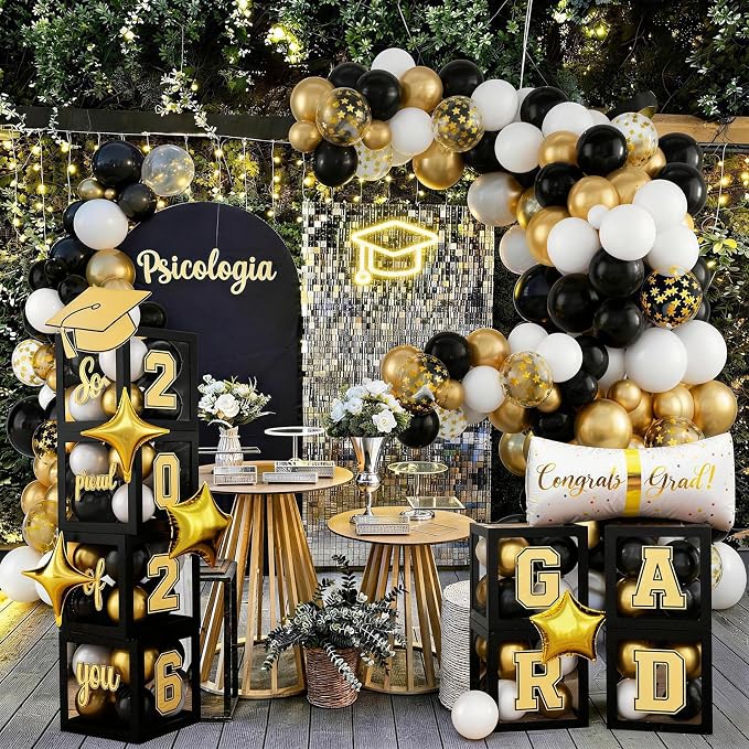 Black and Gold Graduation Decorations Balloons Boxes Arch - Image 3