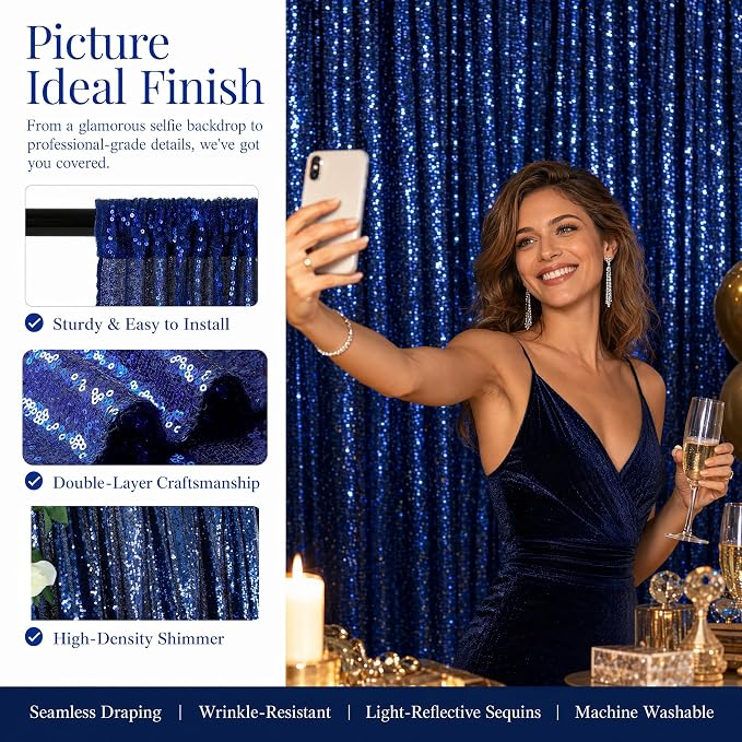 ShinyBeauty Navy Sequin Backdrop Curtains 2 Panels 4x7FT Wedding Party | - Image 5