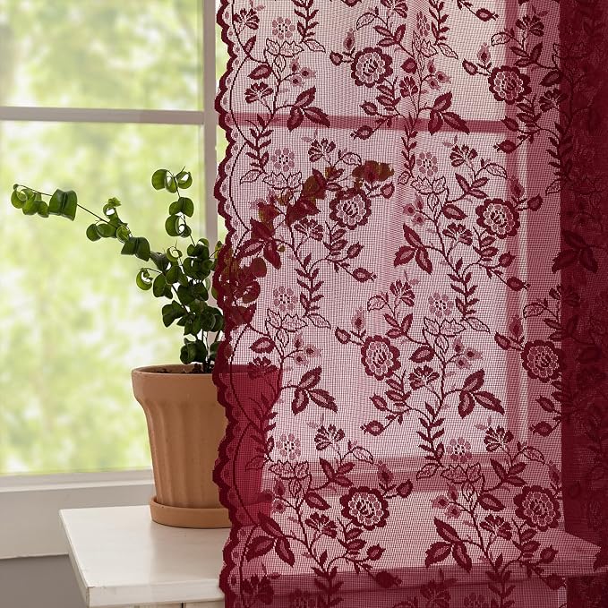 Burgundy Lace Curtains for Bedroom Rustic Leaf Floral 42x63 Inch 2 Panels | Rod - Image 4