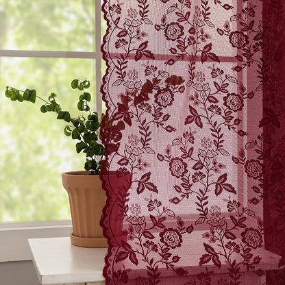 Burgundy Lace Curtains for Bedroom Rustic Leaf Floral 42x63 Inch 2 Panels | Rod - Image 4