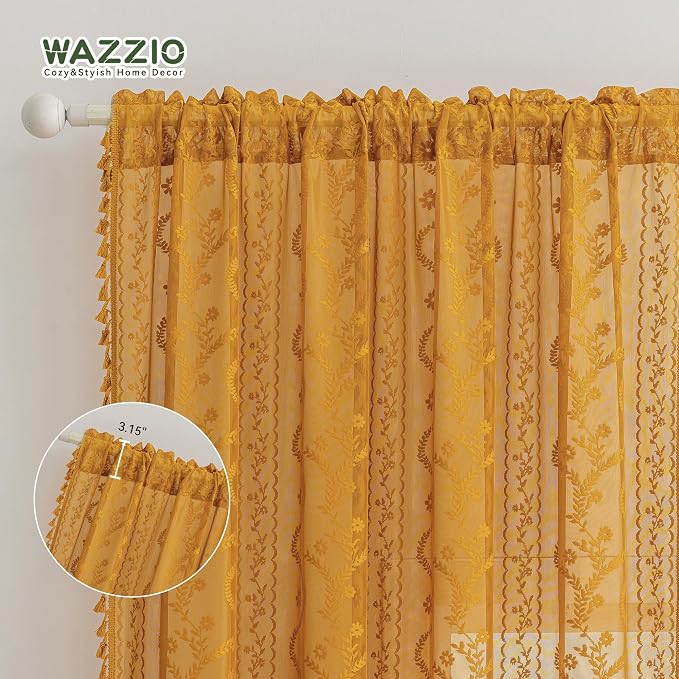WAZZIO Boho Lace Curtains 2 Panels 84 Inch -Victorian Sheer Panel Drape French - Image 7