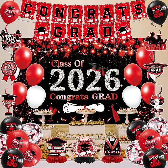 DARUNAXY Black Red Graduation Party Decorations, 2026 Congrats Grad Honeycomb - Image 8