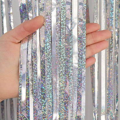 Silver Tinsel Foil Fringe Curtain Backdrop, 3.3 x 8.2 ft Metallic Glitter - Image 6