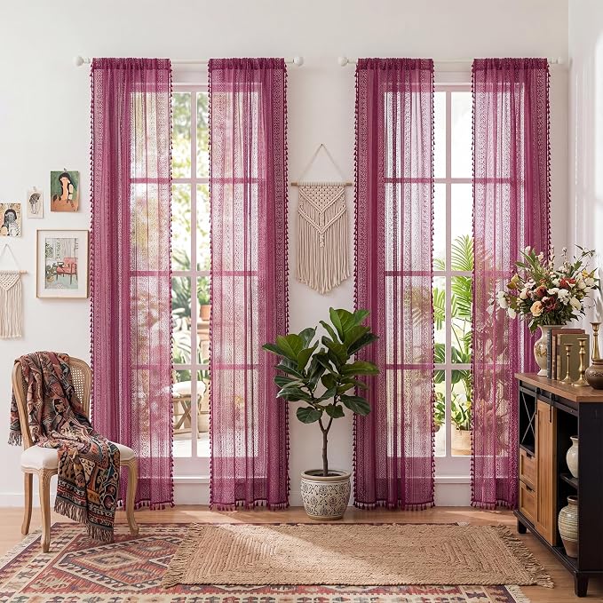 WAZZIO Boho Lace Curtains 63 Inches 2 Panel, Light Filtering Privacy Tassel & - Image 11