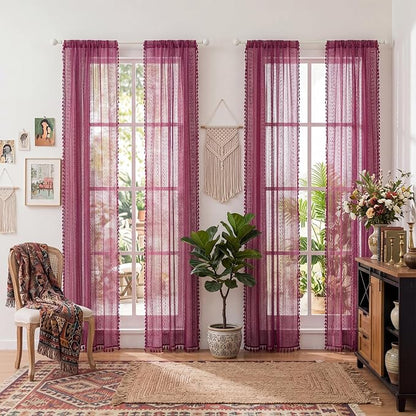 WAZZIO Boho Lace Curtains 63 Inches 2 Panel, Light Filtering Privacy Tassel & - Image 11