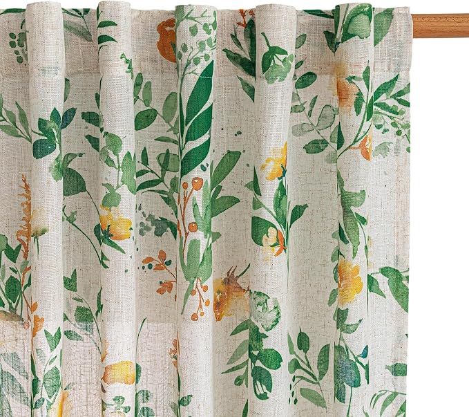 MYSKY HOME Green Floral Curtains 84 Inch Length Linen Blended Farmhouse Curtains by MYSKYHOME
